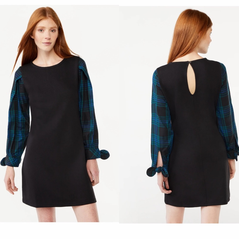 Free Assembly Black Women's blue Pleated sleeves Mixy Mini Dress with Tie Cuffs